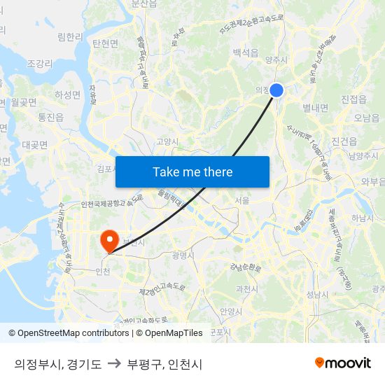 의정부시, 경기도 to 부평구, 인천시 map