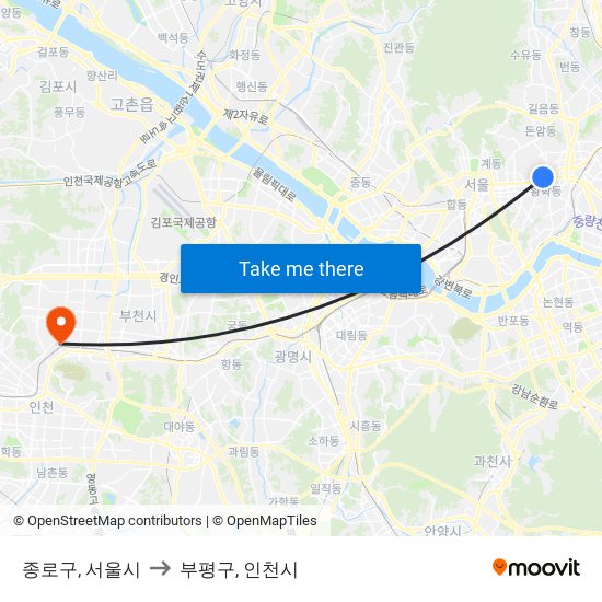 종로구, 서울시 to 부평구, 인천시 map