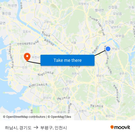 하남시, 경기도 to 부평구, 인천시 map