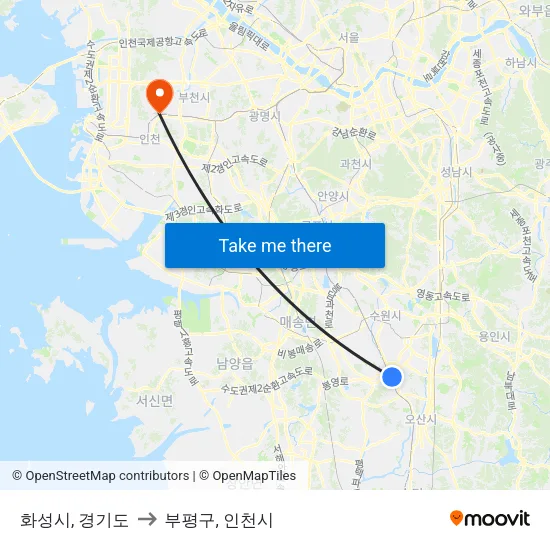 화성시, 경기도 to 부평구, 인천시 map