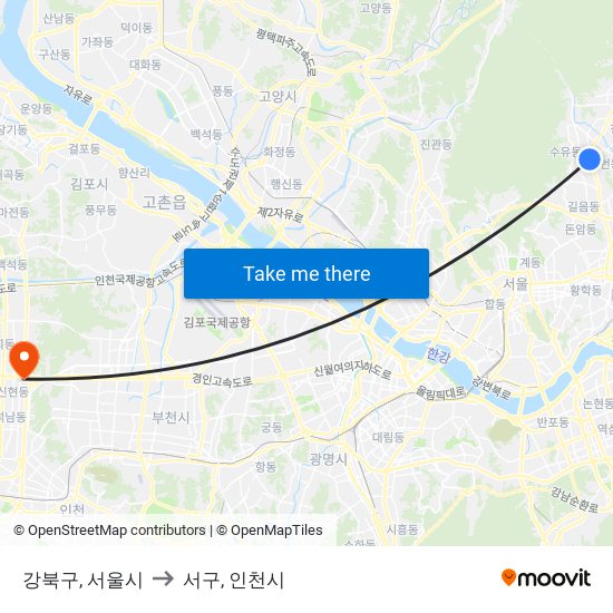 강북구, 서울시 to 서구, 인천시 map