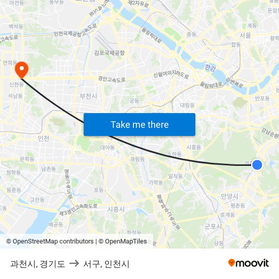 과천시, 경기도 to 서구, 인천시 map