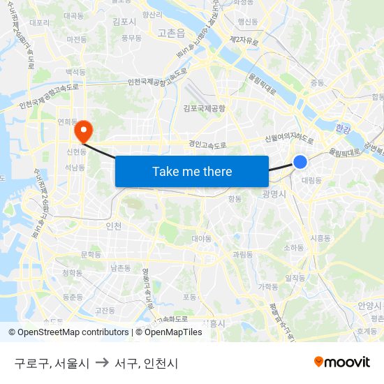 구로구, 서울시 to 서구, 인천시 map