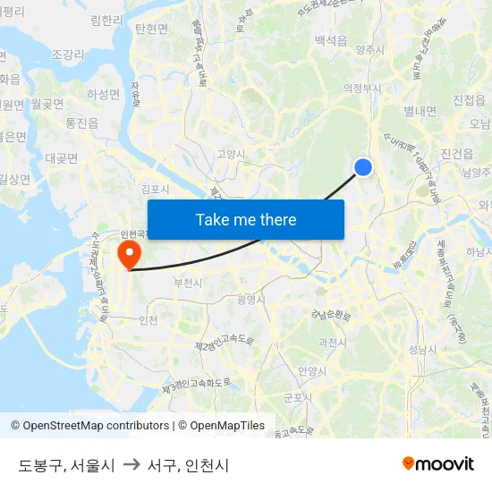 도봉구, 서울시 to 서구, 인천시 map