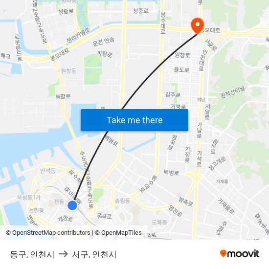 동구, 인천시 to 서구, 인천시 map
