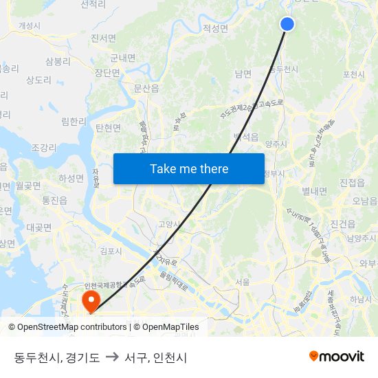 동두천시, 경기도 to 서구, 인천시 map