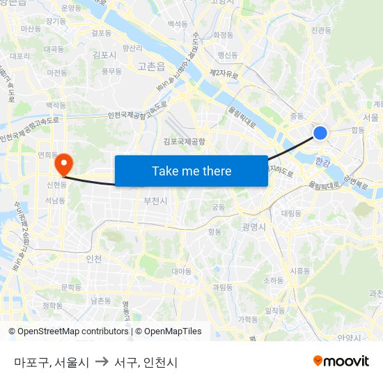 마포구, 서울시 to 서구, 인천시 map
