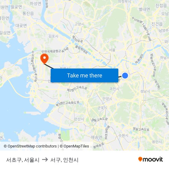 서초구, 서울시 to 서구, 인천시 map
