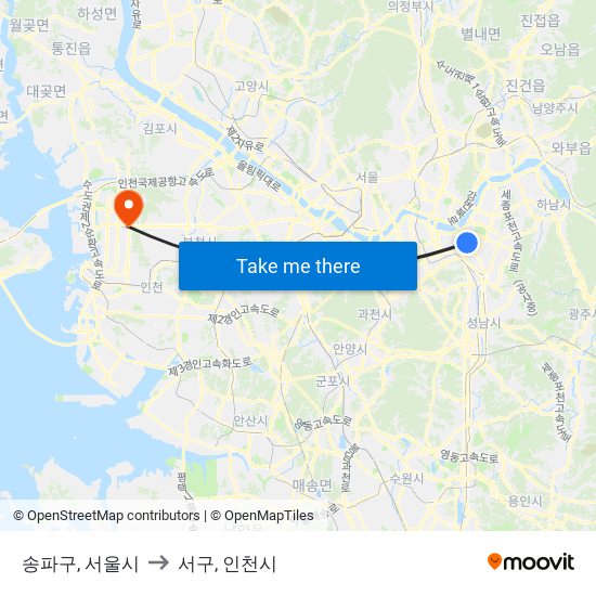 송파구, 서울시 to 서구, 인천시 map