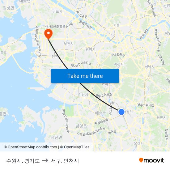 수원시, 경기도 to 서구, 인천시 map