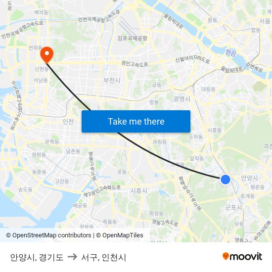 안양시, 경기도 to 서구, 인천시 map