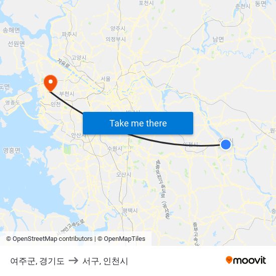여주군, 경기도 to 서구, 인천시 map