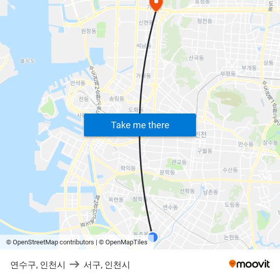연수구, 인천시 to 서구, 인천시 map