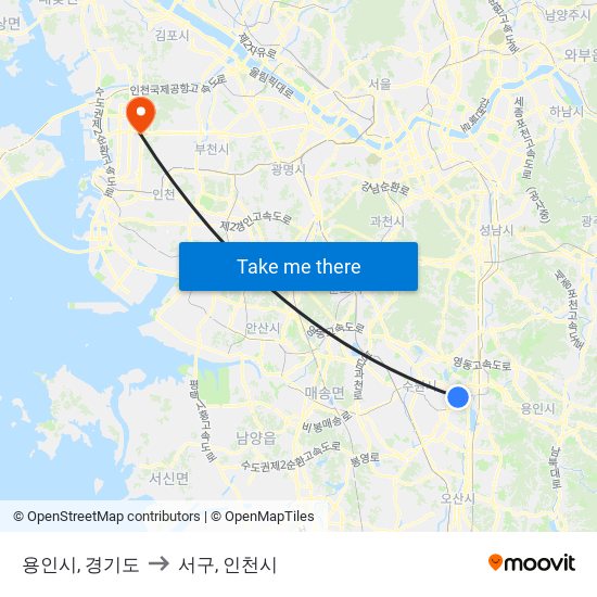 용인시, 경기도 to 서구, 인천시 map