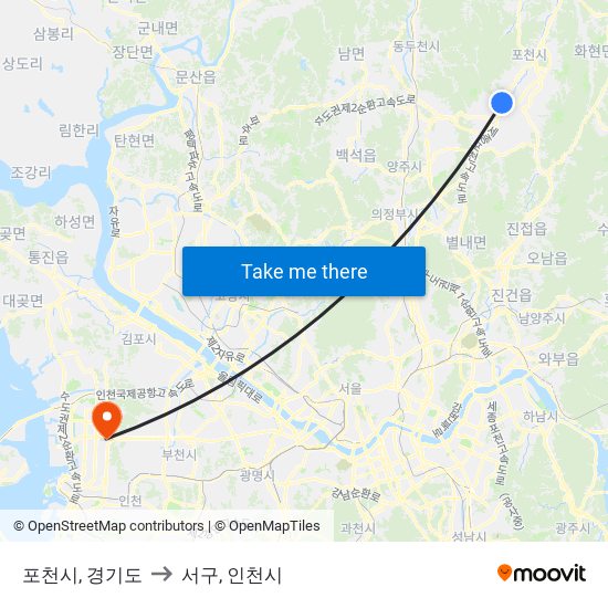 포천시, 경기도 to 서구, 인천시 map