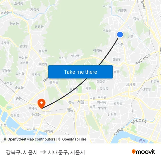 강북구, 서울시 to 서대문구, 서울시 map