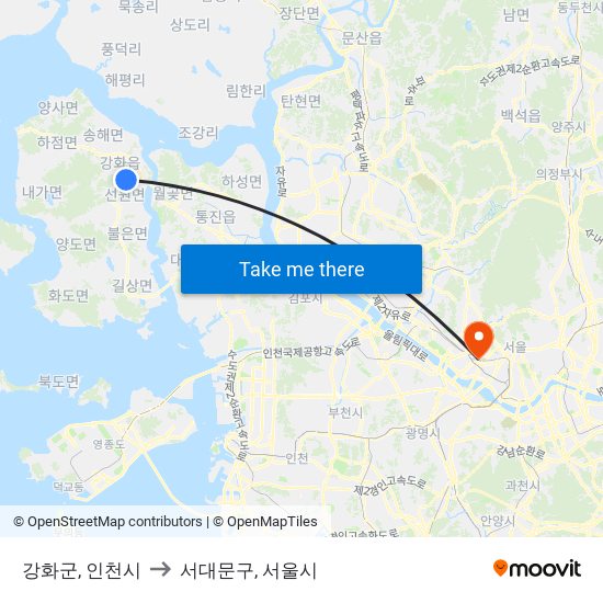 강화군, 인천시 to 서대문구, 서울시 map