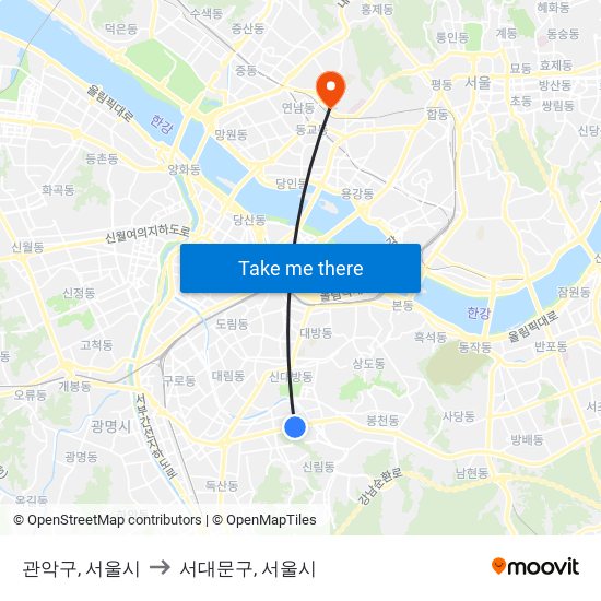 관악구, 서울시 to 서대문구, 서울시 map