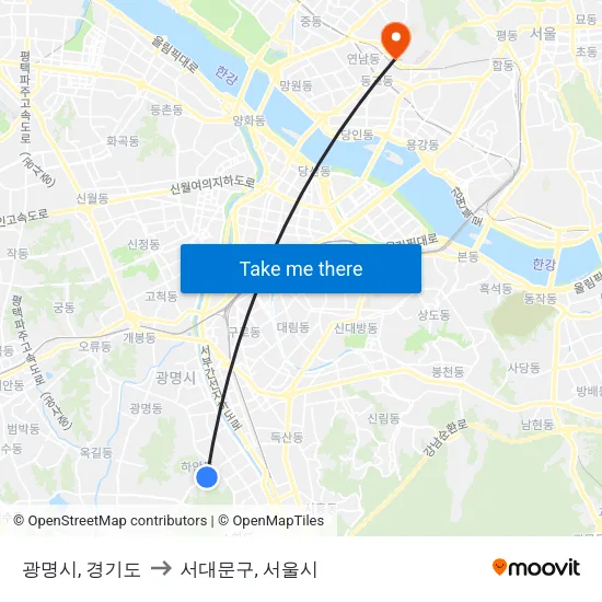 광명시, 경기도 to 서대문구, 서울시 map