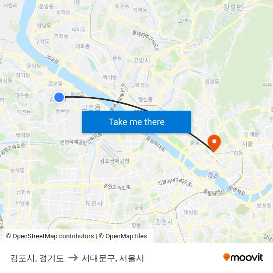 김포시, 경기도 to 서대문구, 서울시 map
