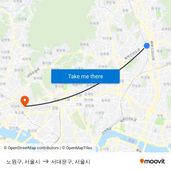 노원구, 서울시 to 서대문구, 서울시 map