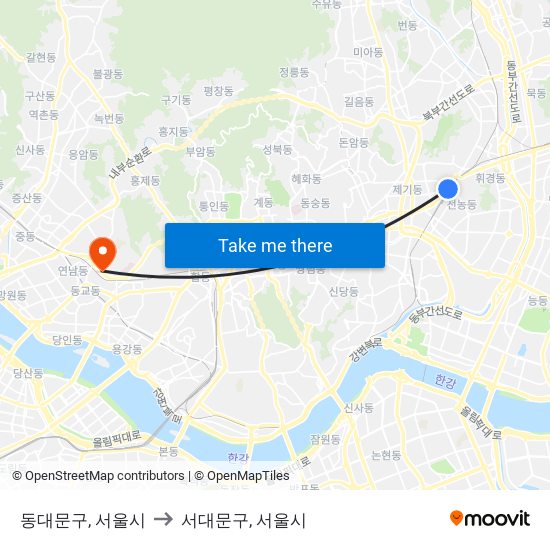 동대문구, 서울시 to 서대문구, 서울시 map