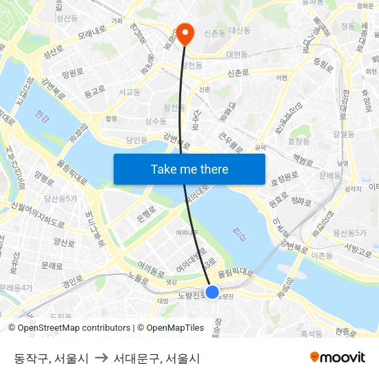 동작구, 서울시 to 서대문구, 서울시 map