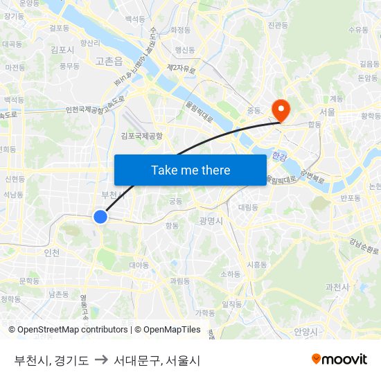 부천시, 경기도 to 서대문구, 서울시 map