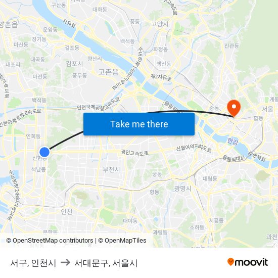 서구, 인천시 to 서대문구, 서울시 map
