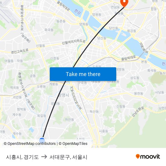 시흥시, 경기도 to 서대문구, 서울시 map
