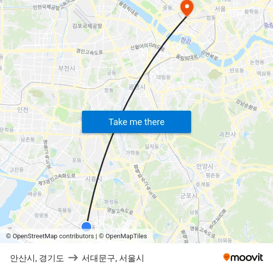 안산시, 경기도 to 서대문구, 서울시 map
