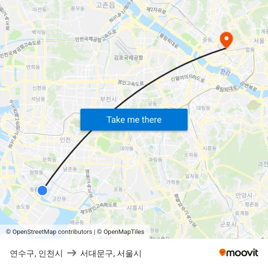연수구, 인천시 to 서대문구, 서울시 map