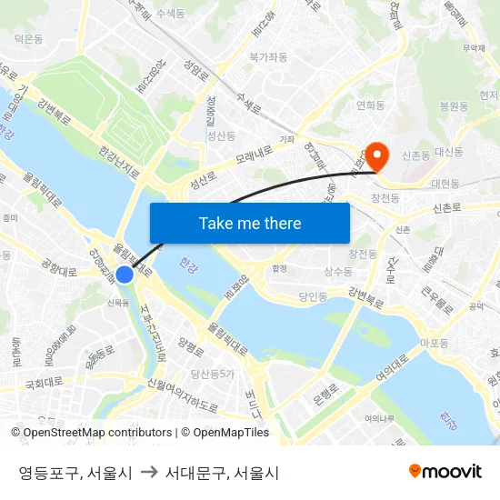 영등포구, 서울시 to 서대문구, 서울시 map
