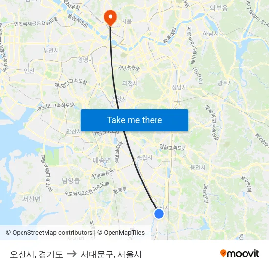 오산시, 경기도 to 서대문구, 서울시 map
