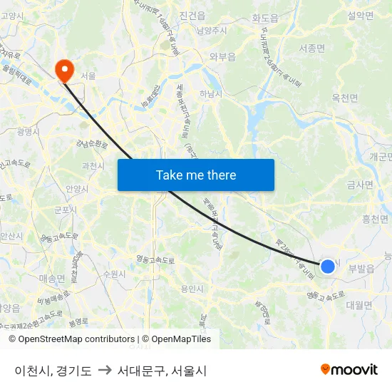 이천시, 경기도 to 서대문구, 서울시 map