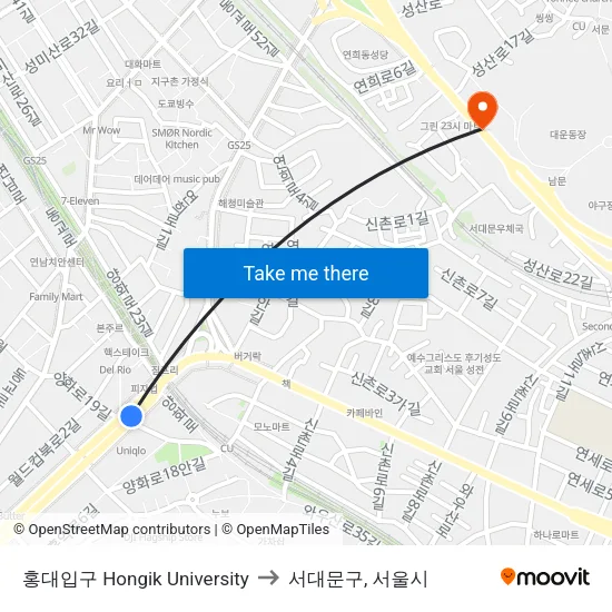 홍대입구 Hongik University to 서대문구, 서울시 map