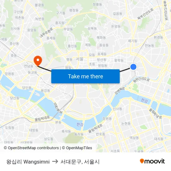 왕십리 Wangsimni to 서대문구, 서울시 map