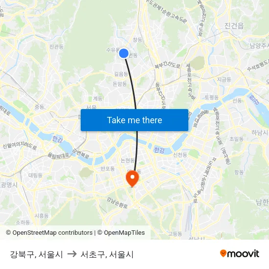 강북구, 서울시 to 서초구, 서울시 map