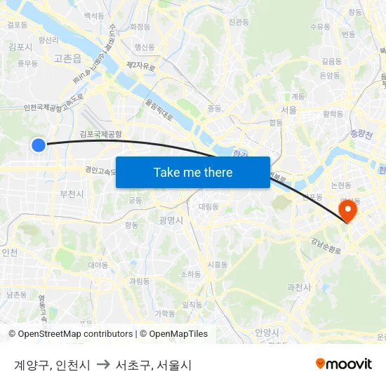 계양구, 인천시 to 서초구, 서울시 map