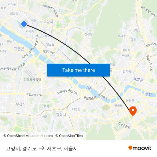 고양시, 경기도 to 서초구, 서울시 map