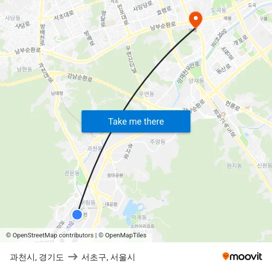 과천시, 경기도 to 서초구, 서울시 map