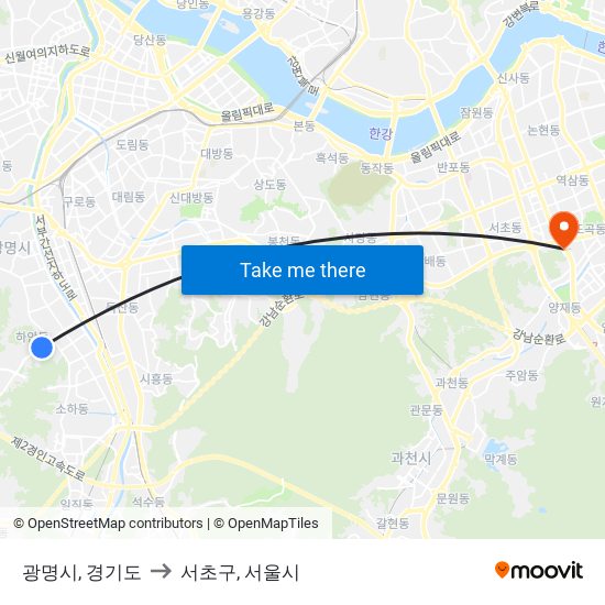 광명시, 경기도 to 서초구, 서울시 map