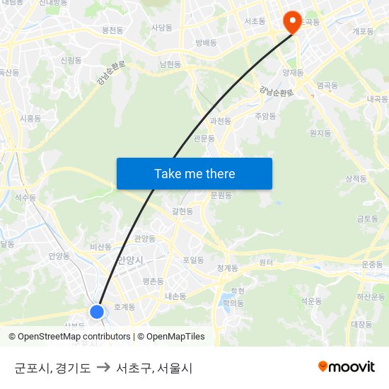 군포시, 경기도 to 서초구, 서울시 map