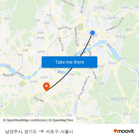 남양주시, 경기도 to 서초구, 서울시 map