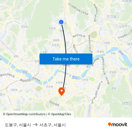 도봉구, 서울시 to 서초구, 서울시 map