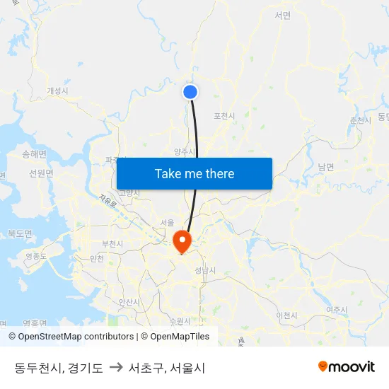 동두천시, 경기도 to 서초구, 서울시 map