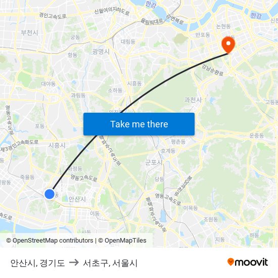 안산시, 경기도 to 서초구, 서울시 map