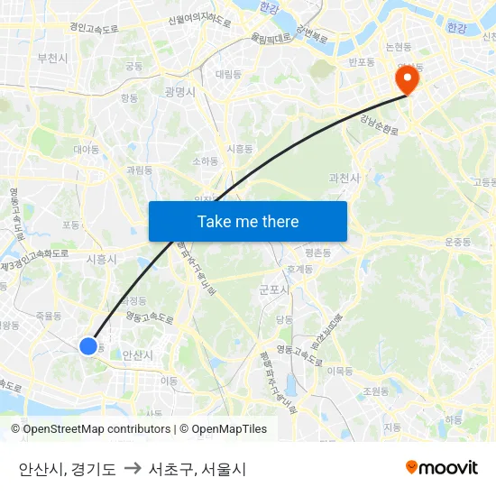 안산시, 경기도 to 서초구, 서울시 map