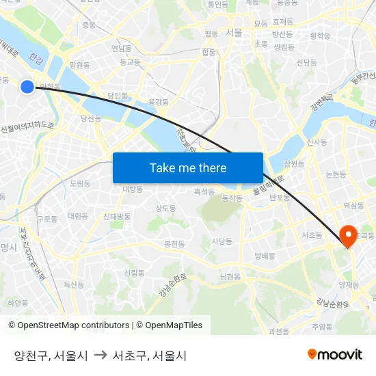 양천구, 서울시 to 서초구, 서울시 map
