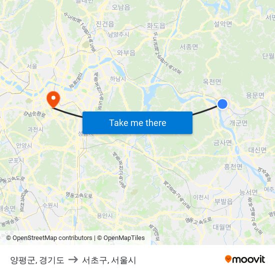 양평군, 경기도 to 서초구, 서울시 map